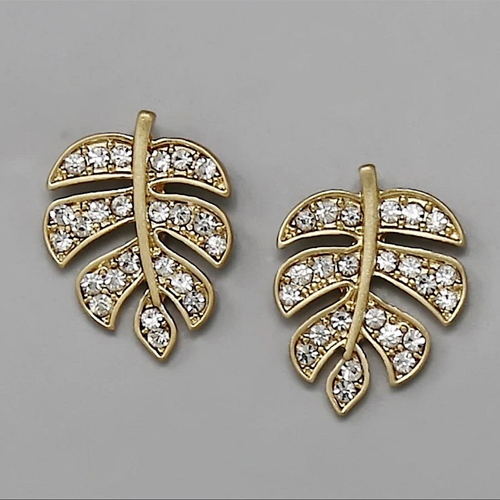 🆕🌿RUFF-SKCH: GOLD Crystal Palm Tree Leaf Crystal Studs